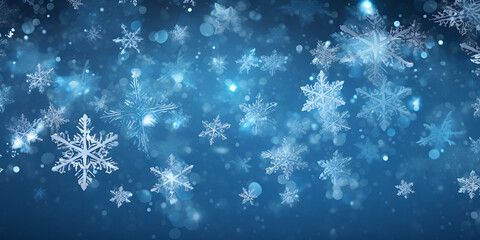 Fototapeta na wymiar Winter wonderland with falling snowflakes on a blue background generative ai