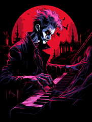 vampire playing piano in a dark place