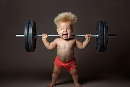 Funny strong baby lifting a heavy barbell over dark background.