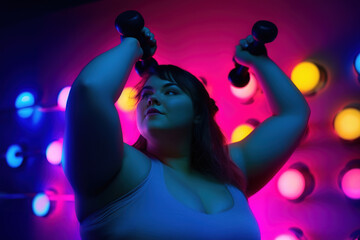 Obraz na płótnie Canvas Overweight woman training with dumbbells on colorful background.