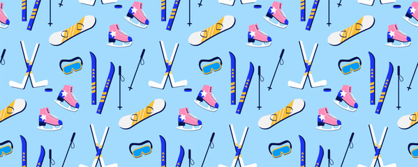 Cotton fabric Winter pattern on the theme of winter sports in a flat retro style. Seamless background with skis, skates, snowboard and other elements.