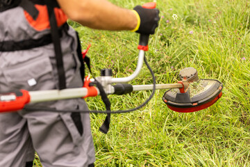 Rear view of professional gardener cutting grass with weed trimmer.