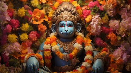 3D illustration of the Indian god Hanuman with a floral background surrounding it. - obrazy, fototapety, plakaty