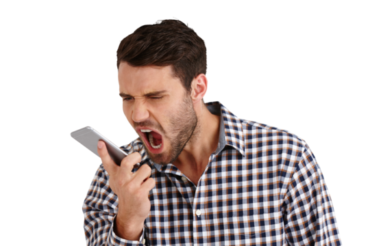 Screaming, angry and man with a phone, frustrated and mobile user isolated on a transparent background. Person shouting with a cellphone for problem, message and fail with mistake, png and stress