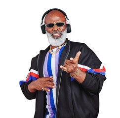 Portrait of senior black man, fashion or headphones listening to music in cool retro style isolated...