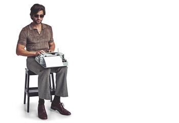 Sunglasses, typing and man on typewriter isolated on a transparent png background. Glasses, serious...