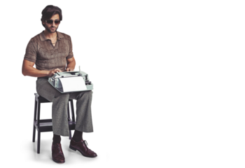 Sunglasses, typing and man on typewriter isolated on a transparent png background. Glasses, serious writer and journalist on retro technology, stool or creative work in vintage fashion, style or cool