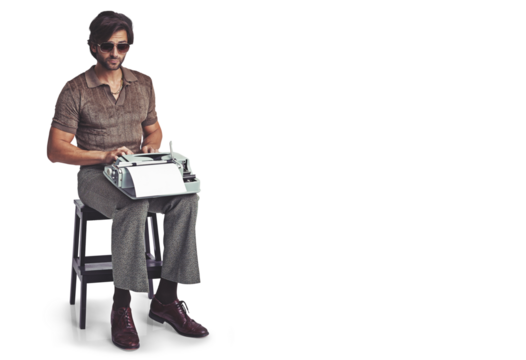 Sunglasses, typing and man on typewriter isolated on a transparent png background. Glasses, serious writer and journalist on retro technology, stool or creative work in vintage fashion, style or cool - Powered by Adobe