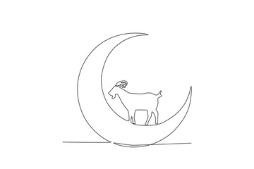One continuous line drawing of goat over moon eid al adha concept
