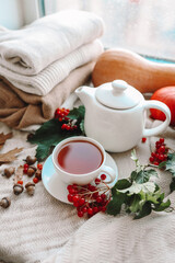 Obraz na płótnie Canvas Cup of tea in autumn composition with viburnum