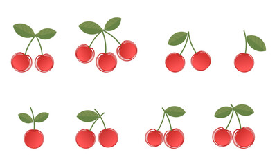 Red cherry fruit with green leaves icon signs isolated on white background vector illustration.