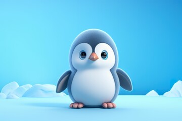 3D effect of cartoon little penguin on blue background, cute penguin baby background, simple penguin baby wallpaper, kindergarten, children's room wallpaper and hanging painting