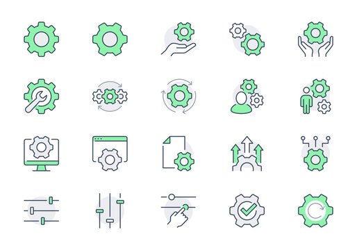 Settings line icons. Vector illustration include icon - cogwheel, repair, spanner, config, automation process, service, outline pictogram for system maintenance. Green Color, Editable Stroke
