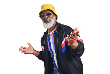 Portrait, sunglasses and urban with a senior black man isolated on a transparent background for hip...