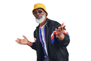 Portrait, sunglasses and urban with a senior black man isolated on a transparent background for hip hop style. Retro, fashion and attitude with an elderly person on PNG to gesture a question