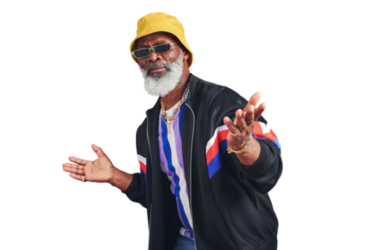 Portrait, sunglasses and urban with a senior black man isolated on a transparent background for hip hop style. Retro, fashion and attitude with an elderly person on PNG to gesture a question