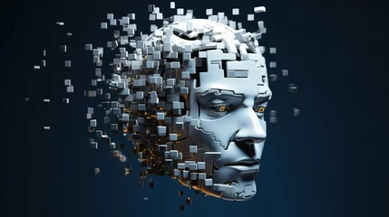 Poster Artificial intelligence. Scattering head profile of a chrome-plated robot, dark blue background. AI generated. © Serhii