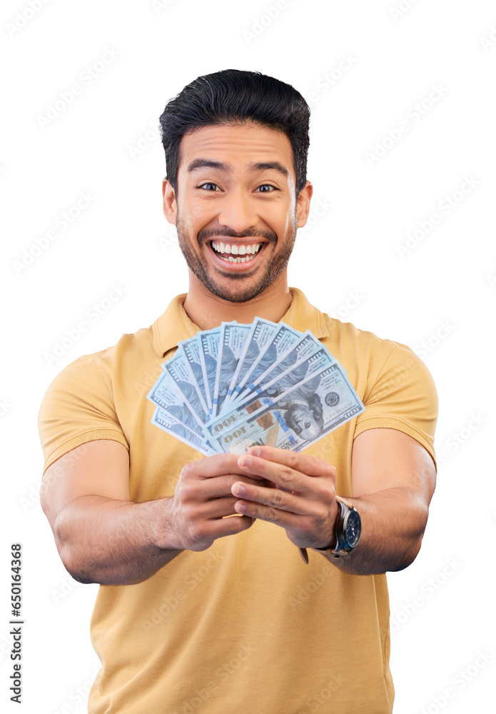 Poster Happy asian man, money fan and winning in celebration isolated on a transparent PNG background. Portrait of excited male person with cash, paper or bills in financial freedom, lottery or investment