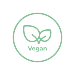 Vegan diet icon. Organic, bio, ecological symbol. Healthy, fresh and non-violent food. Vector line green circular illustration with leaves for labels, tags and logos