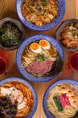 Top view on assorted ramen noodle soup set