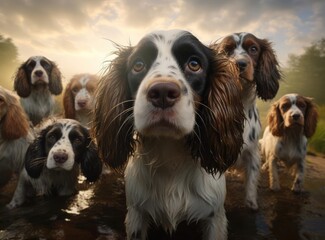 A group of spaniels looking at the camera