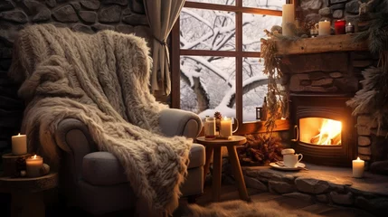  A mug of hot tea stands on a chair with a woolen blanket in a cozy living room with a fireplace. Cozy winter day © arhendrix