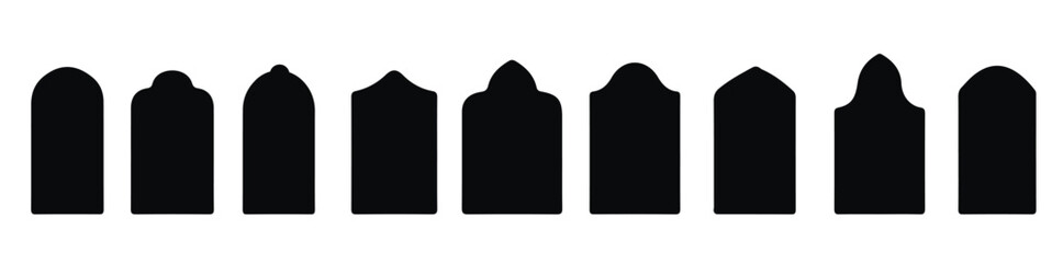 Shape Islamic door and window silhouette Arabic arch. Collection of patterns in oriental style. Frames in Arabic Muslim design for Ramadan Kareem. Vector mosque gate shape isolated on white background