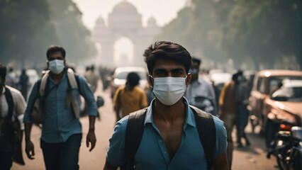 People wearing mask due to air pollution in Delhi, India