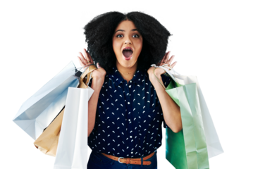Woman, winner surprise and shopping bag for discount, sale or winning, deal and retail giveaway. African person or customer portrait for commerce or wow face isolated on a transparent, png background