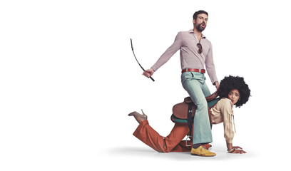 Man, woman and whip in portrait, sexual and isolated on piggy back domination by transparent png...