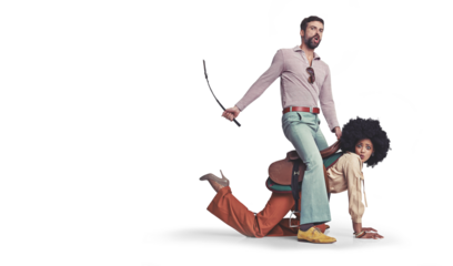 Man, woman and whip in portrait, sexual and isolated on piggy back domination by transparent png background. Multicultural couple, diversity and comic horse riding for fantasy, retro clothes or game