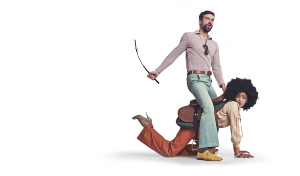 Man, woman and whip in portrait, sexual and isolated on piggy back domination by transparent png background. Multicultural couple, diversity and comic horse riding for fantasy, retro clothes or game