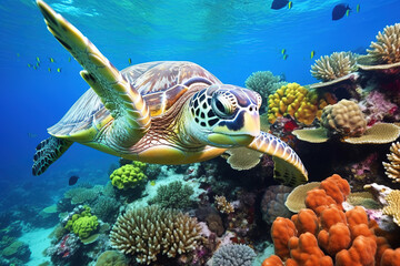 Sea turtle close-up over a coral reef in the Maldives. Travel and vacation background.