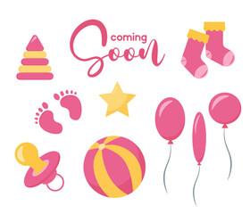 Obraz premium Decorative elements for baby shower design. Gender reveal party card, banner, vector element design. It's a girl gender reveal set
