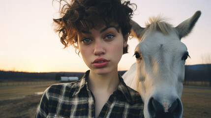 Rural farm girl with pouty red lips adorable natural curly wild hair, posing for selfie type shot next to her beloved donkey, natural beauty with thick eyebrows, pretty face and chic flannel shirt. 