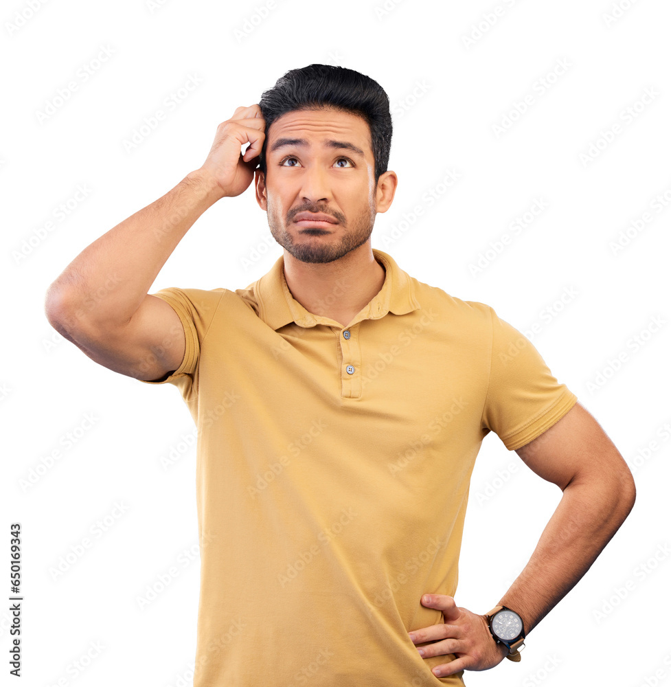 Leinwandbilder man, thinking and hands for face, confused and brainstorming to problem solve, doubt and isolated on