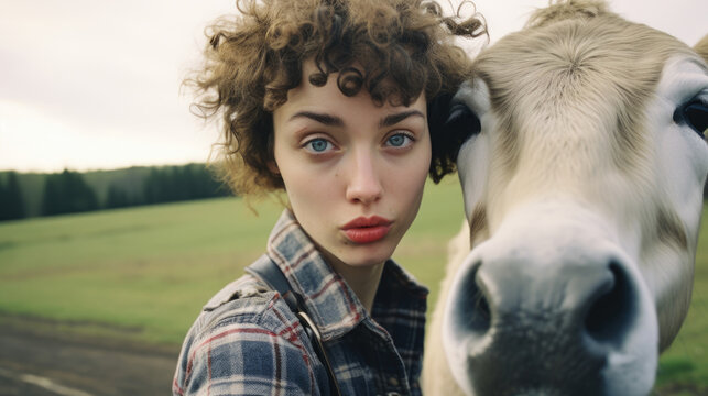 Rural farm girl with pouty red lips adorable natural curly wild hair, posing for selfie type shot next to her beloved cow, natural beauty with thick eyebrows, pretty face and chic flannel shirt. 