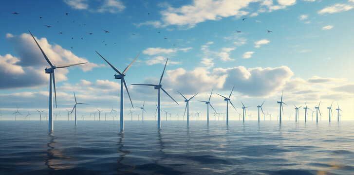 Generate farm ocean wind technology sea electricity renewable turbine power sky energy windmill