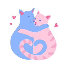 Cute cats in love hugging and sleeping. Vector illustration isolated on white background. Valentine's day greeting card.