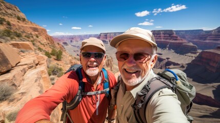 Two cheerful senior gentlemen, during their trip to scenic mountainous locations, relishing life's adventures. Generative ai. - obrazy, fototapety, plakaty