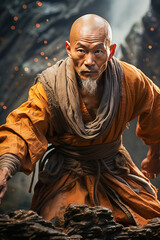 Shaolin monk practicing martial arts in the mountains. - obrazy, fototapety, plakaty