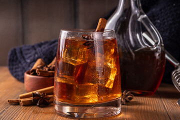 Maple syrup autumn cocktails. Boozy strong alcohol, non-alcoholic mocktail drinks with apple cider,...