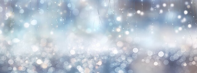 Decorative abstract silver glitters with blurred bokeh effect background. Christmas and New Year decoration banner