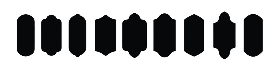 Shape Islamic door and window silhouette Arabic arch. Collection of patterns in oriental style. Frames in Arabic Muslim design for Ramadan Kareem. Vector mosque gate shape isolated on white background