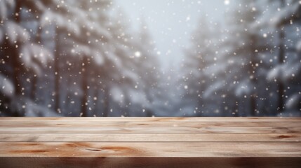 Mock up with empty wooden desk on blurred winter snowy background. Christmas and New Year mood. Background for product presentation or showcase