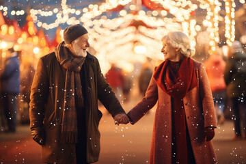 Happy two elderly people woman, man walking against the backdrop of christmas fair lights holding...