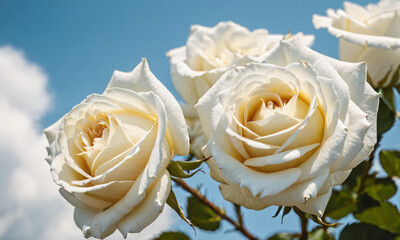 Springtime Serenity, Blooming White Roses Against a Vibrant Blue Sky, Floral Beauty, Nature Photography