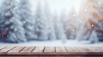 Mock up with empty wooden desk on blurred winter snowy background. Christmas and New Year mood. Background for product presentation or showcase