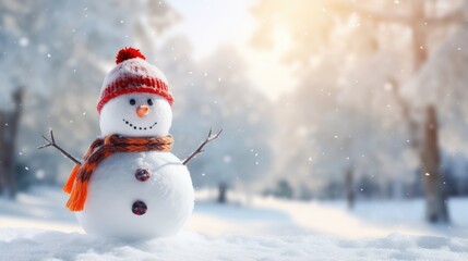 Background with snowman standing in snow on blurred winter snowy background. Christmas and New Year mood