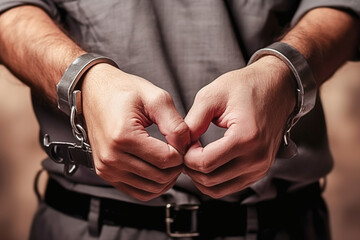 Handcuffed hands close-up.